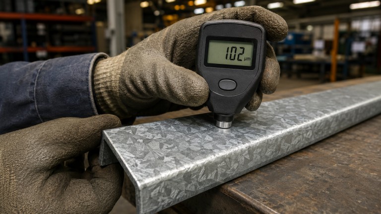 Técnico verificando espesor de recubrimiento de zinc con medidor magnético sobre perfil de acero galvanizado en taller