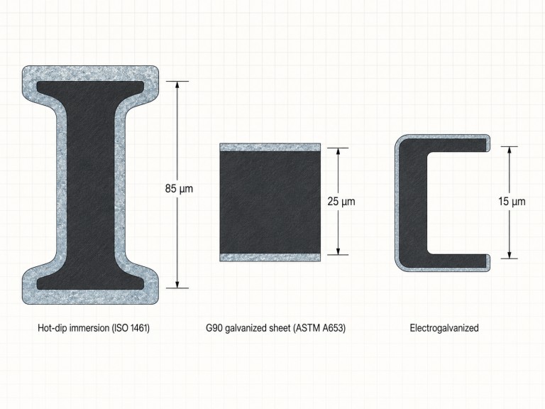 Diagrama técnico de tres muestras de acero comparando espesores de recubrimiento zinc: inmersión en caliente, lámina G90 y electrogalvanizado