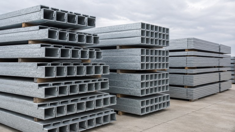 Perfiles y correas de acero galvanizado por inmersión en caliente apilados en almacén de taller industrial