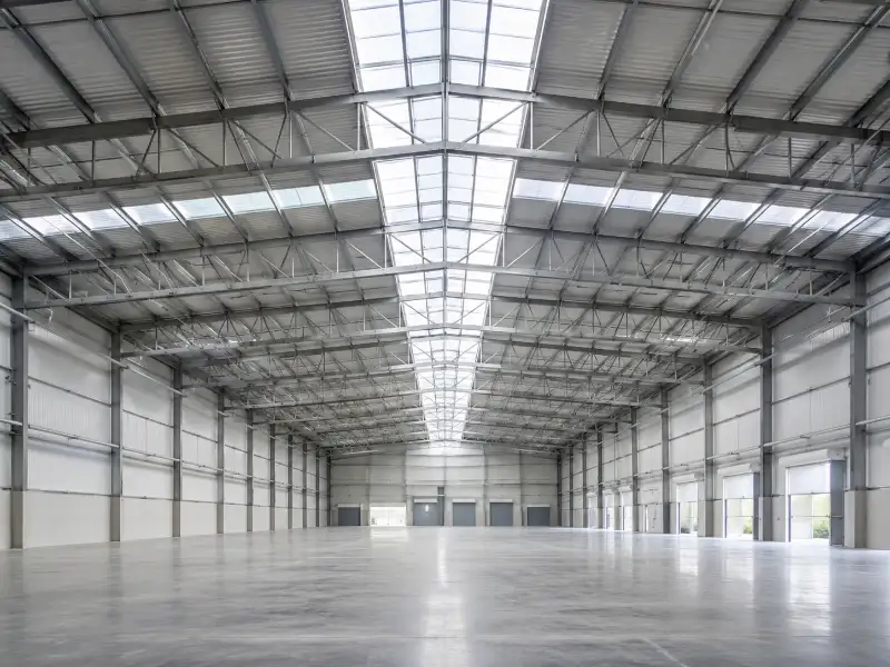 Interior de una nave industrial con claros libres amplios y gran altura para maquinaria y estiba
