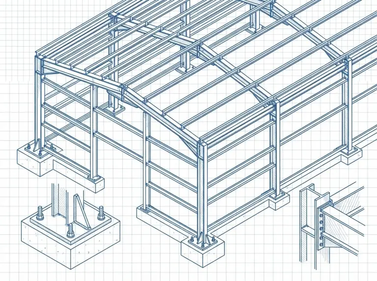 Vista isométrica de una estructura metálica industrial con detalles de placas de anclaje, uniones viga-pilar y correas de cubierta