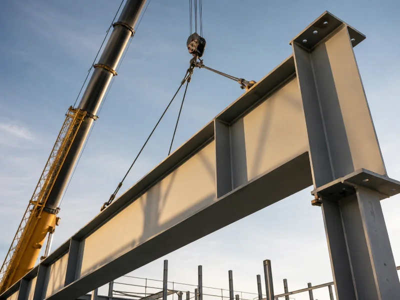 montaje de estructura metálica prefabricada con grúa en obra