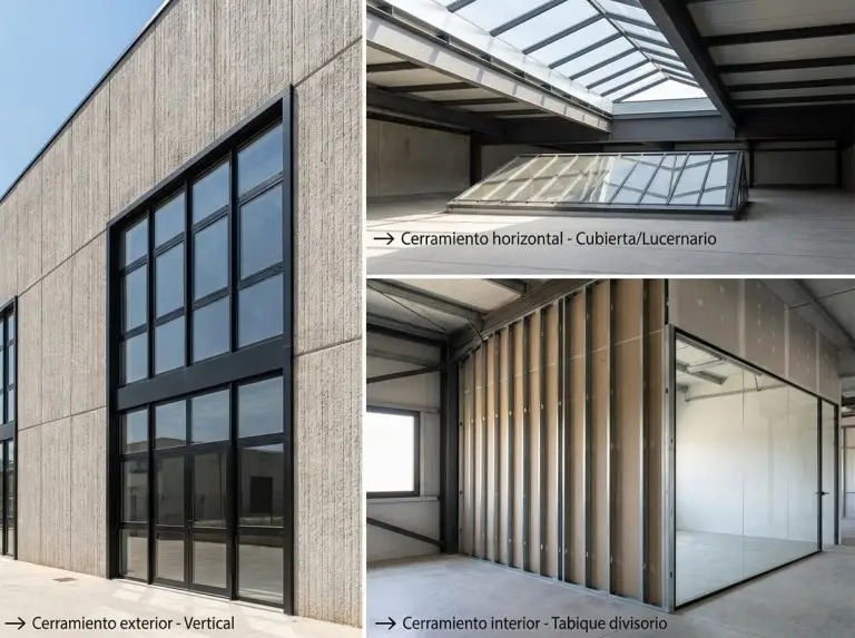 Diagrama realista de cerramiento exterior e interior, con ejemplos verticales y horizontales en un edificio