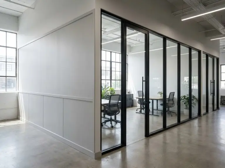 Comparación visual de tabique fijo y mampara modular de vidrio como cerramiento interior para dividir espacios