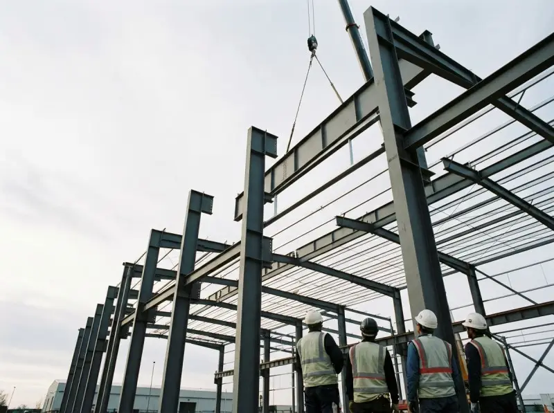 Montaje de pórticos de acero estructural en obra de nave industrial con grúa y equipo de seguridad.