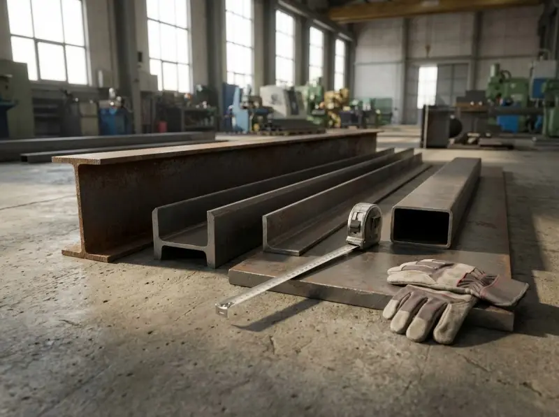 Muestra de perfiles de acero estructural: viga I/H, canal U, ángulo L, tubo rectangular y placa.