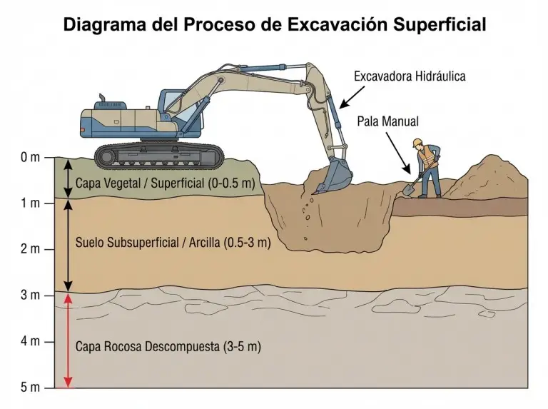 Diagrama que ilustra el proceso de excavación superficial, mostrando capas de suelo removidas, herramientas utilizadas como excavadoras y palas manuales