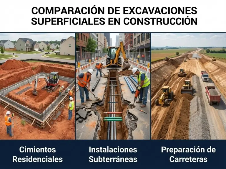 Comparación visual de diferentes tipos de excavaciones superficiales en proyectos de construcción, como cimientos residenciales, instalaciones subterráneas y preparación de terrenos para carreteras.
