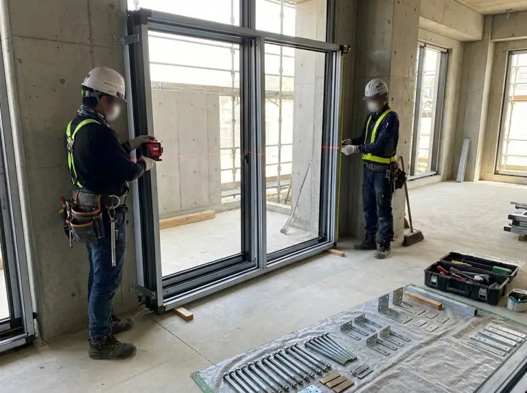 Instalación de cerramiento con nivel láser y medición, mostrando anclajes y ajuste preciso antes del sellado
