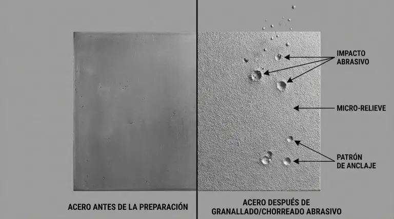 Acero antes y después del granallado mostrando la rugosidad superficial