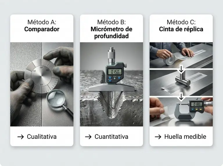 Comparador, micrómetro de profundidad y cinta de réplica para medir el perfil de anclaje