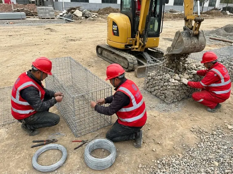 Montaje y relleno de un gavión en obra