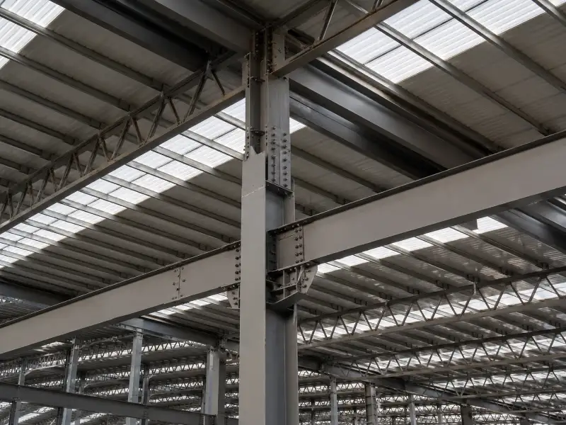Esqueleto estructural de una nave industrial: columnas, vigas y cerchas de acero conectadas en obra