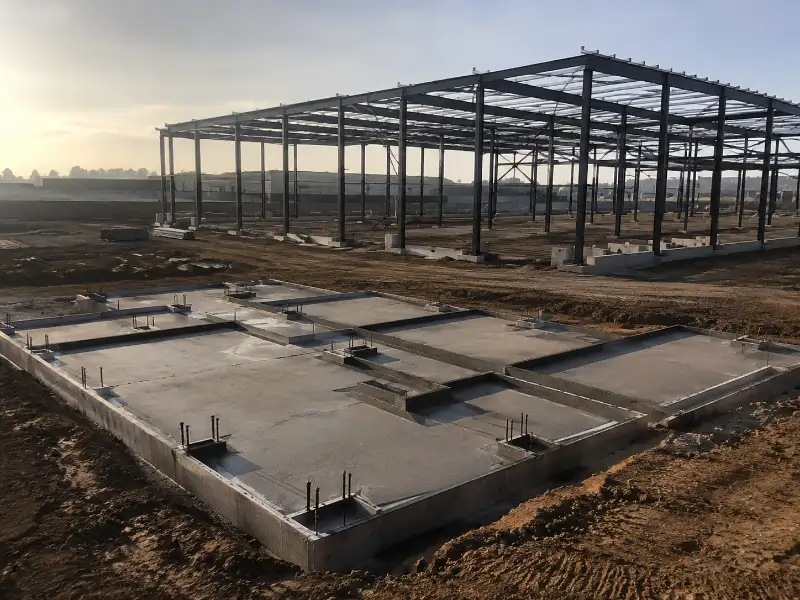 Fases de construcción de una nave industrial prefabricada: cimentación de concreto y estructura metálica en montaje