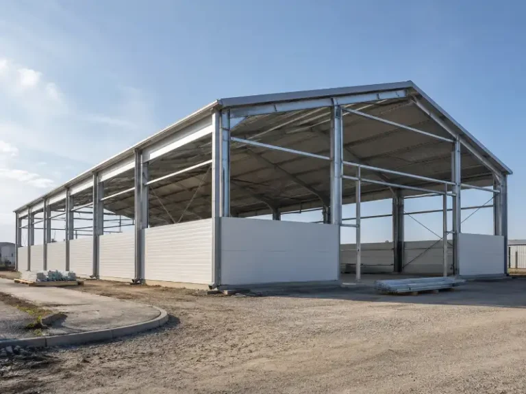 Nave industrial prefabricada de acero con cubierta metálica recién montada en parque industrial latinoamericano