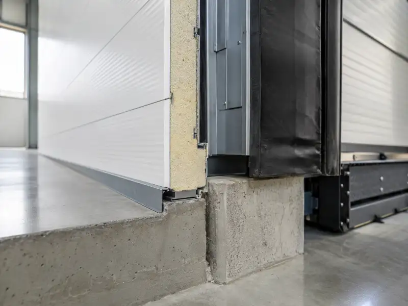 Detalle de cerramiento panel sándwich, piso industrial y muelle de carga de una nave prefabricada