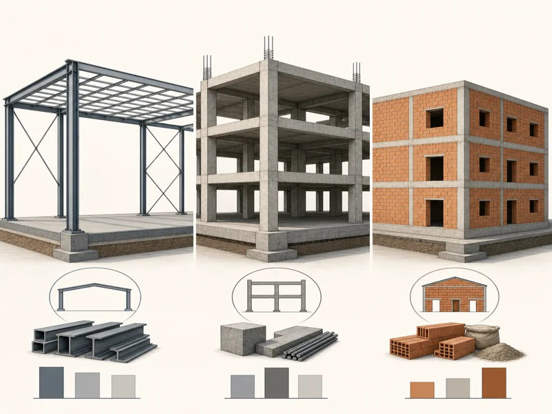 Comparación visual de tres sistemas constructivos —estructura metálica de acero, concreto armado y mampostería— para evaluar costo, luz libre y plazo