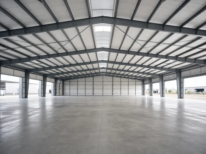 Estructura metálica interior de una nave industrial con espacio diáfano sin columnas