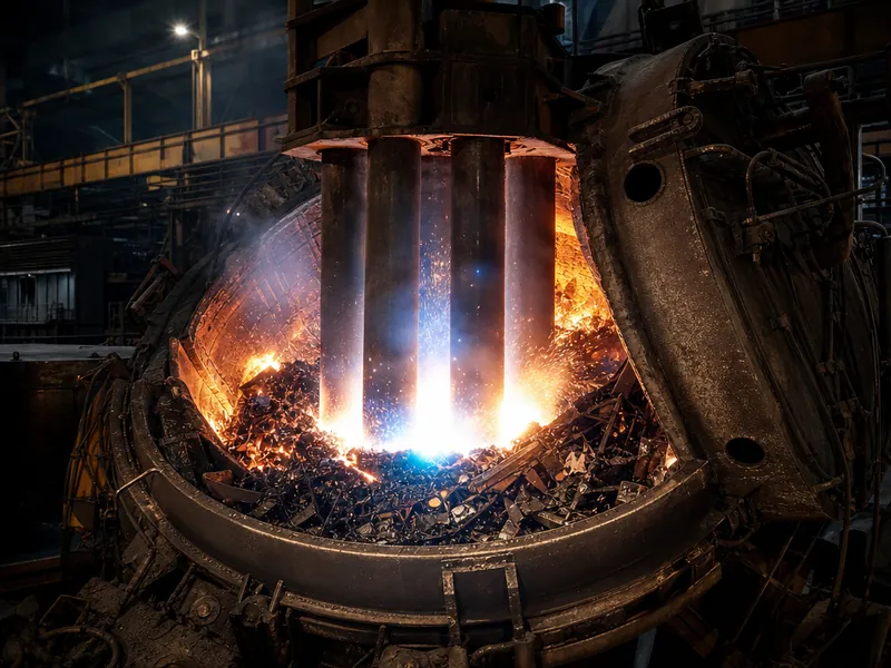 Horno de arco eléctrico fundiendo chatarra para fabricar acero por la ruta eléctrica