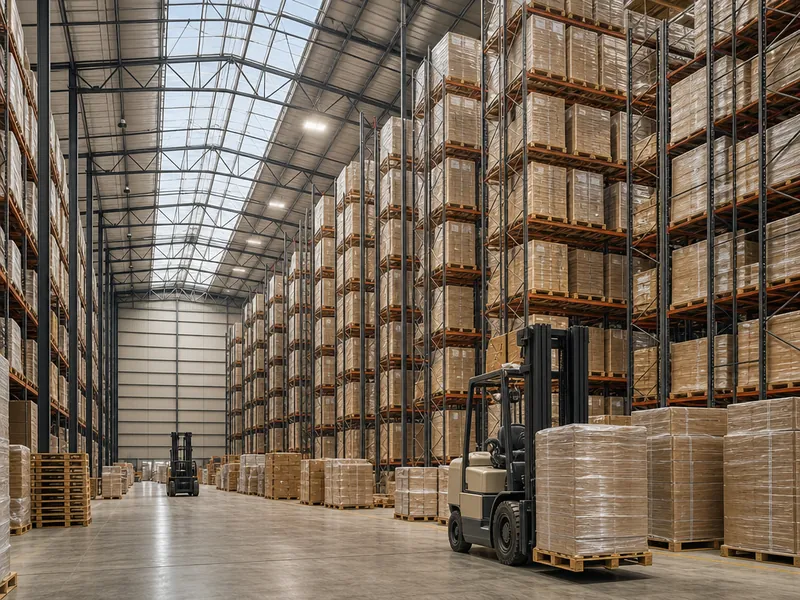Interior de nave industrial con racks de gran altura para almacenamiento de inventario