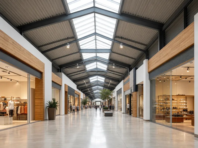 Interior de una plaza comercial con pasillos amplios y locales a ambos lados bajo cubierta de acero