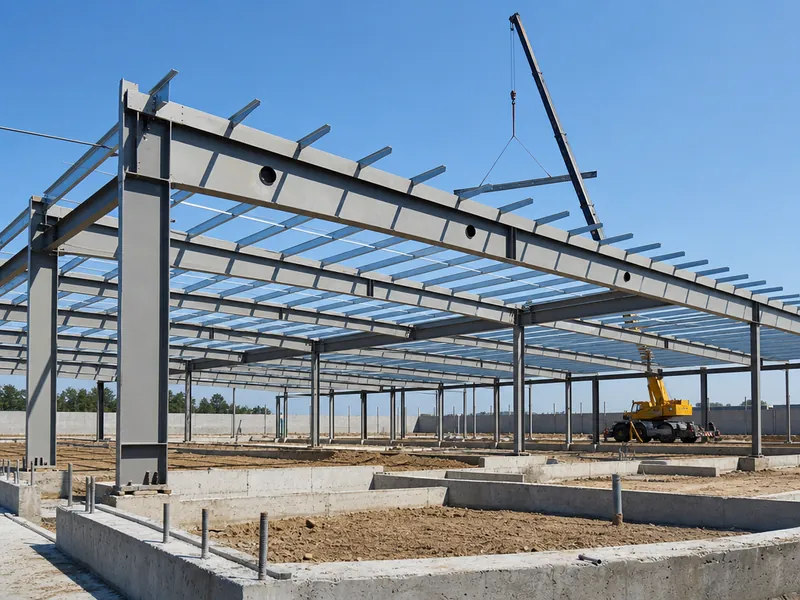 Estructura de acero en construcción de una plaza comercial con vigas y grandes claros sin columnas intermedias