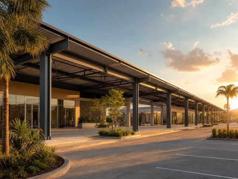 Plaza comercial moderna con estructura de acero y grandes claros vista desde el exterior al atardecer