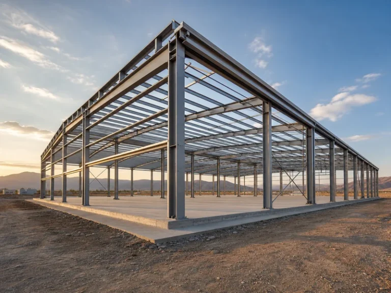 Nave industrial con estructura metálica de acero en México que ilustra el precio por metro cuadrado, con marcos, columnas y vigas a la vista