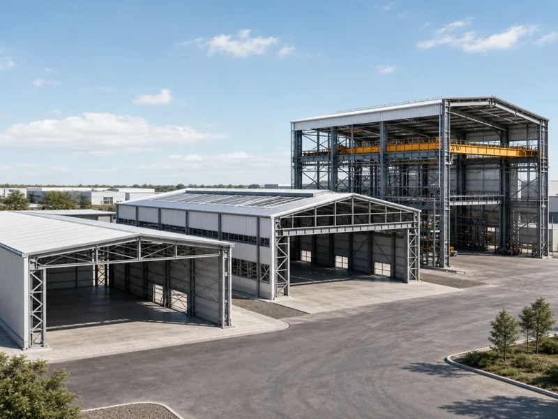 Distintos tipos de edificios con estructura metálica —bodega, nave industrial y planta con grúa puente— que explican la variación del precio por metro cuadrado