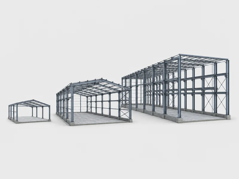 Comparación del tamaño de tres estructuras metálicas, pequeña, mediana y grande, que condiciona el tiempo de montaje en obra