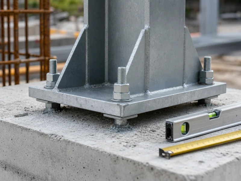 Verificación de los anclajes y la placa base sobre la cimentación antes del montaje de la estructura metálica