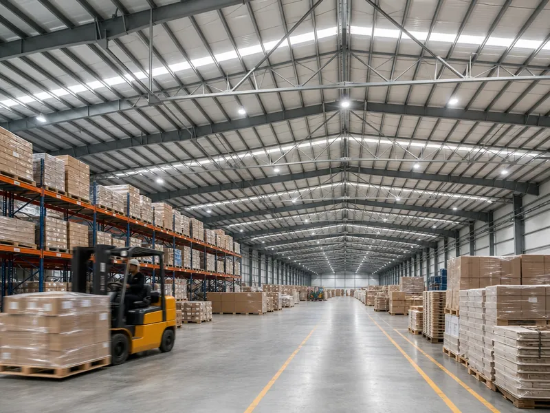 Interior de un almacen logistico de acero prefabricado con techo de gran claro, pasillos amplios y montacargas