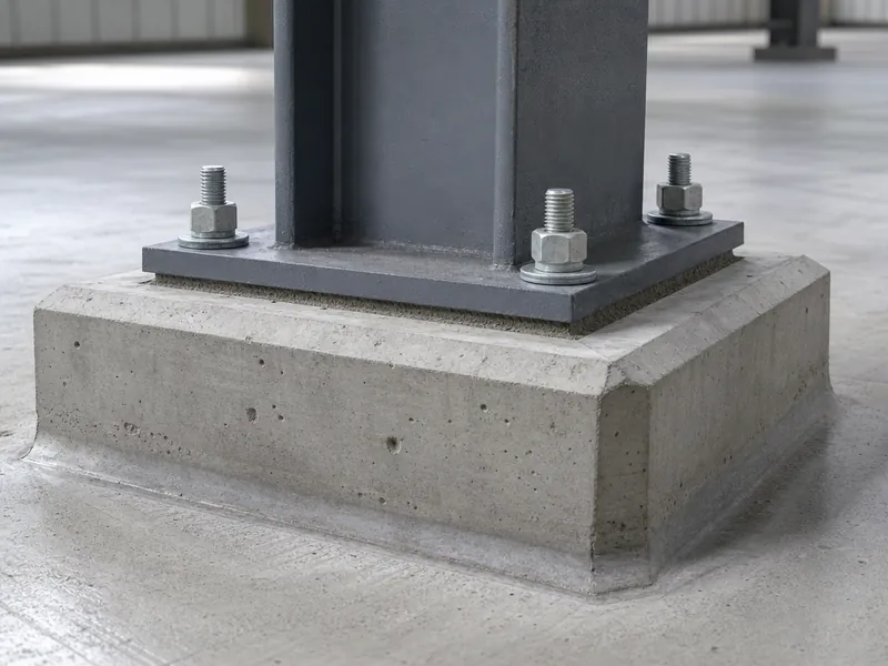 Detalle de placa base y anclas embebidas en un dado de concreto elevado sobre el piso terminado de una nave de acero