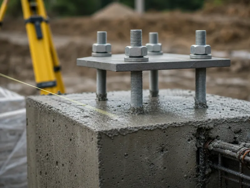 Grupo de anclas verticales sujetas por una plantilla metálica sobre un dado de concreto antes del colado