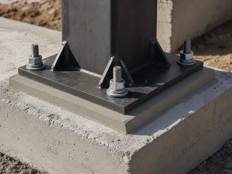Columna de acero anclada con placa base y grout sobre la cimentación de concreto