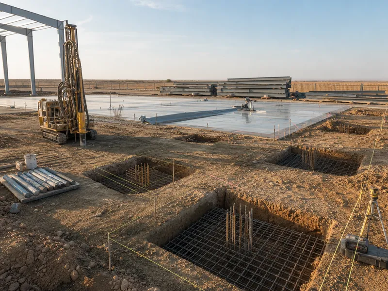 Excavación y armado de la cimentación de una nave industrial de acero, con sondeo de suelo y ejes de columnas replanteados