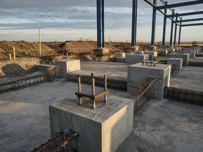 Zapatas aisladas y dados de concreto con anclas y plantilla metálica en la cimentación de una nave industrial de acero
