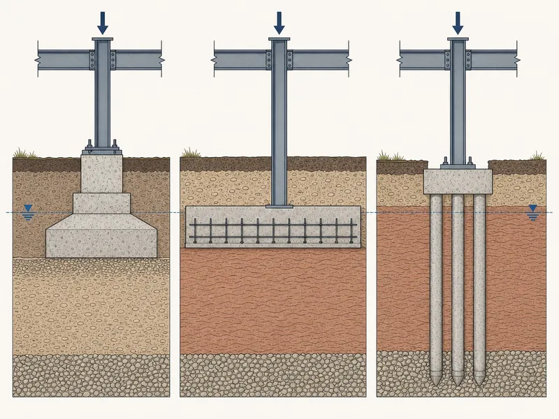 Esquema de tipos de cimentación para estructuras de acero que compara zapata aislada, losa y pilotes frente al estrato competente