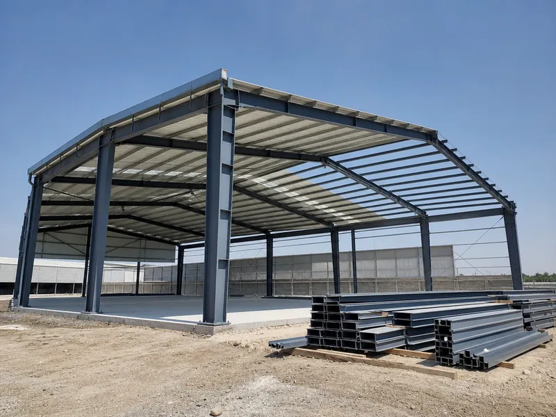 Nave industrial con estructura de acero en construcción en México