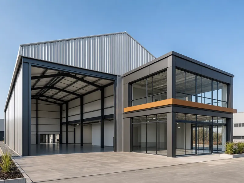 Edificio comercial y nave industrial de estructura de acero con planta libre y fachada ligera