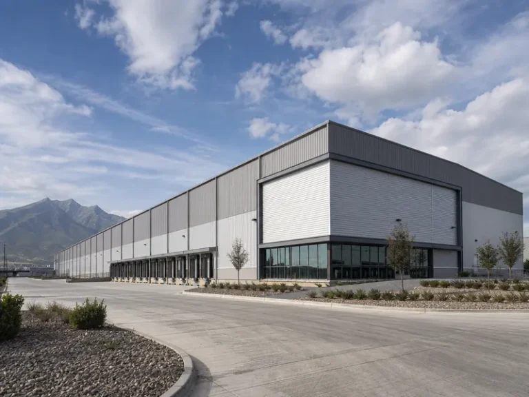 Nave industrial de acero en México con estructura de gran claro, vista exterior en un parque industrial