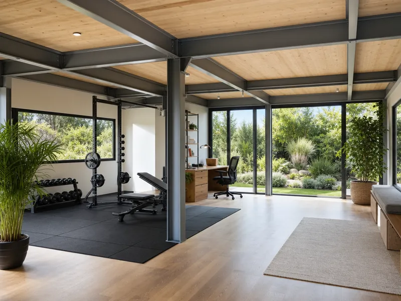 Espacio residencial de estructura de acero con planta libre, aislamiento y luz natural para gimnasio u oficina de jardín