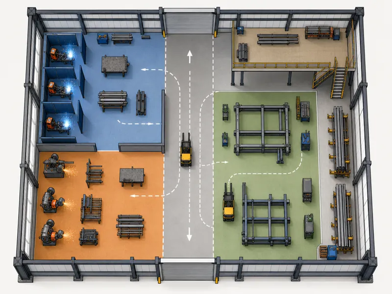 Plano de distribución de un taller metálico con zonas separadas de soldadura, esmerilado y ensamble y paso vehicular