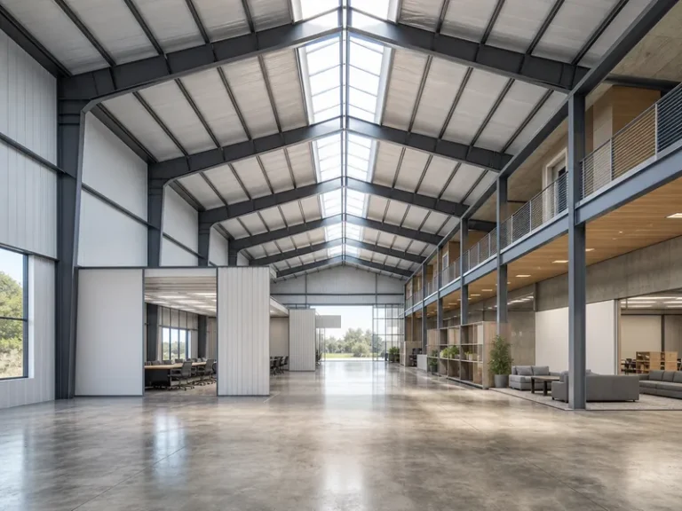 Interior diáfano de una edificación de acero prefabricada usado como espacio de negocio flexible, con marcos de acero de gran claro y planta sin columnas