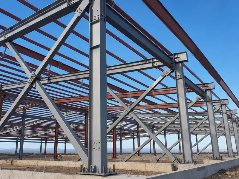 Estructura de pórticos de acero con arriostramiento de una nave agrícola en construcción