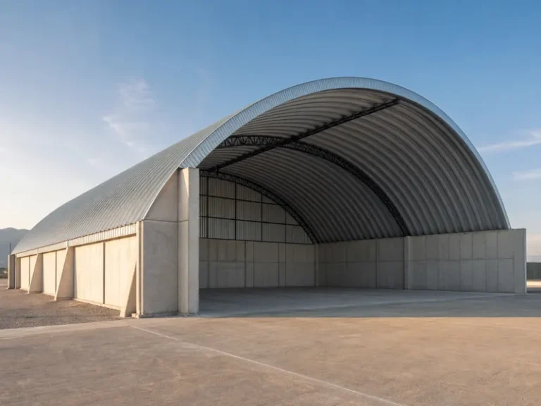Estructura metálica abovedada como cubierta curva de acero en una nave industrial de gran claro