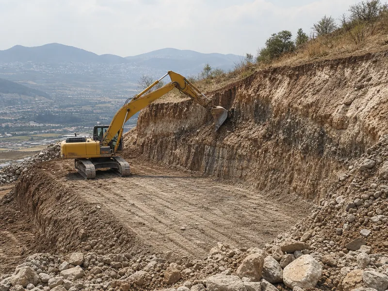 Excavadora trabajando la pendiente de un terreno durante la nivelación