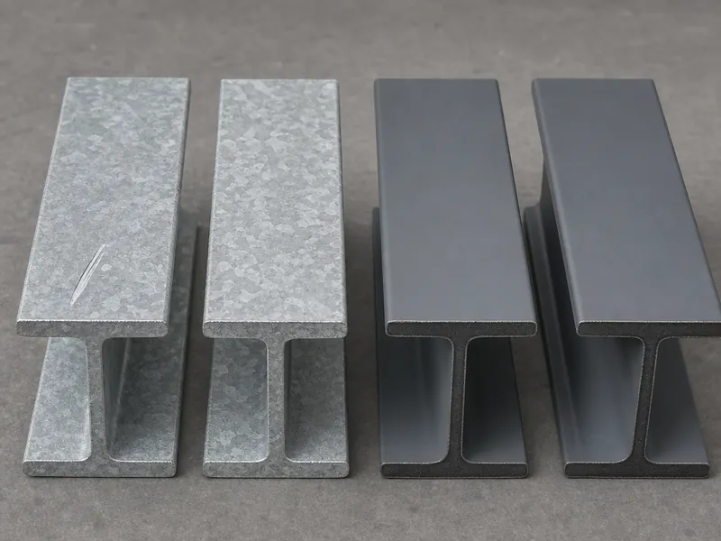 Perfiles de estructura metálica galvanizados en caliente junto a perfiles con esquema de pintura epoxi y poliuretano, las dos capas de un sistema dúplex
