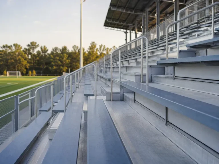 Gradas deportivas metálicas escalonadas en un estadio al aire libre con asientos y barandillas de seguridad