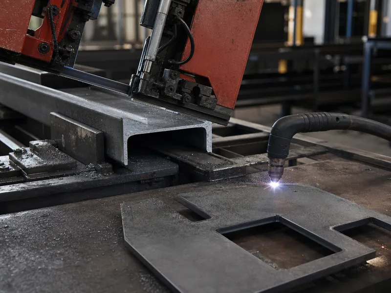 Sierra de cinta y cortadora por plasma cortando perfiles en el montaje de estructuras metálicas